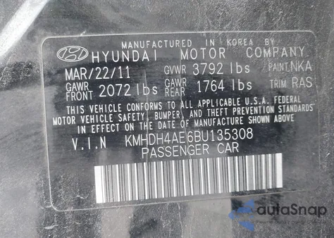 2011 Hyundai Elantra Gls (Ulsan Plant) from USA, damaged, VIN KMHDH4AE6BU135308